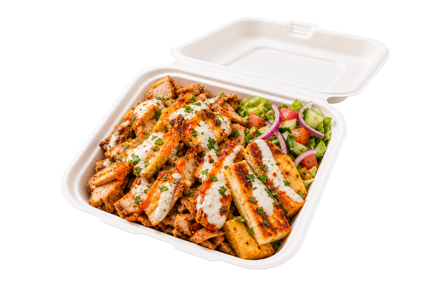 Loaded takeaway tray with sauce and herbs