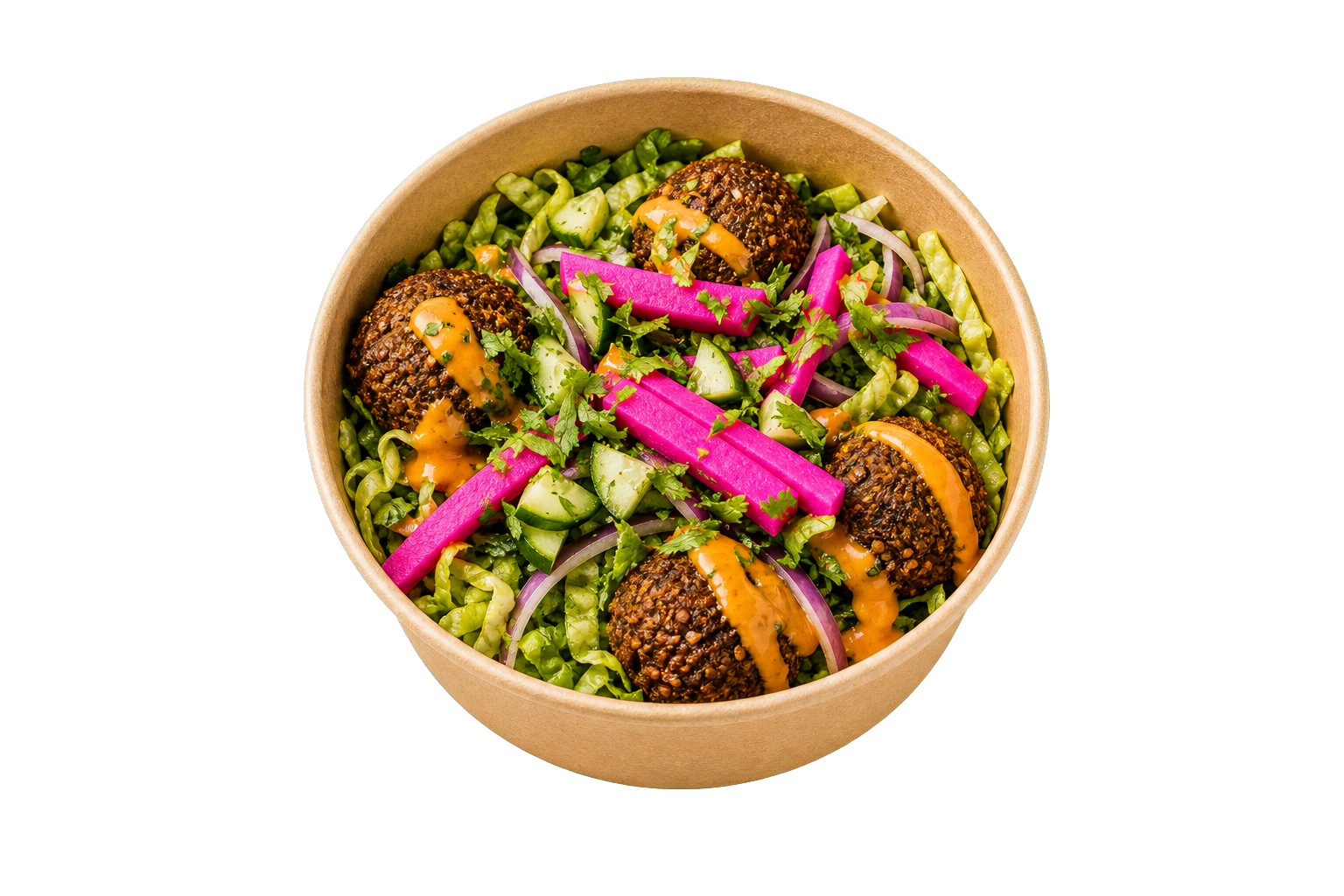 Falafel bowl with pickles, herbs and sauce
