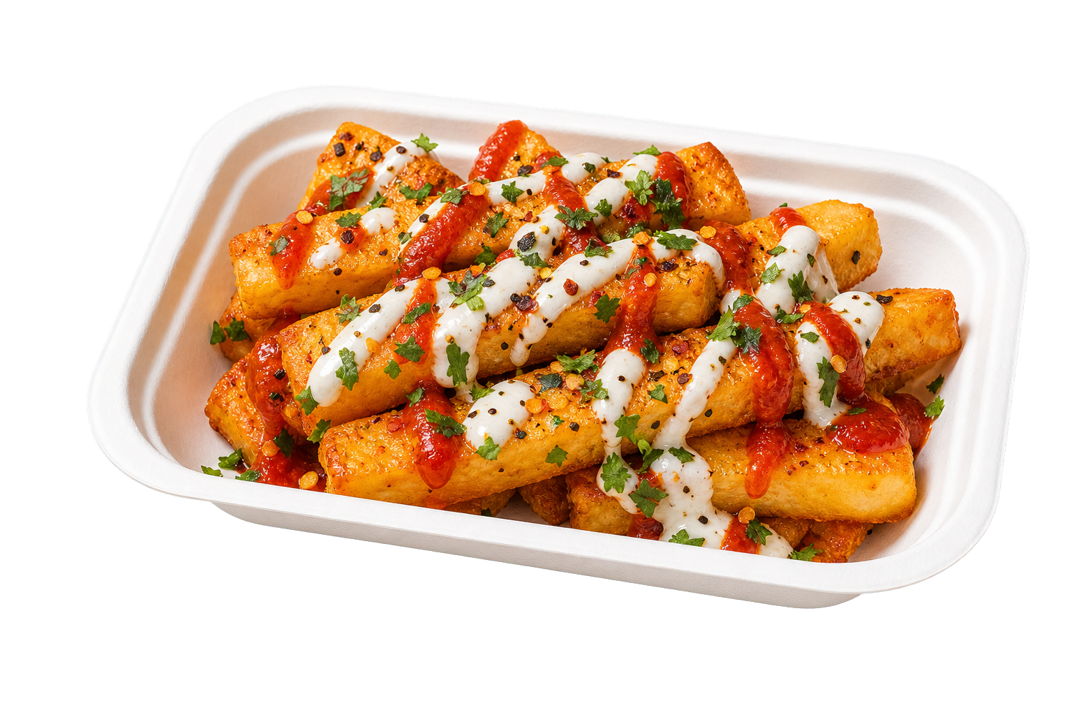 Sauced fries in a takeaway tray